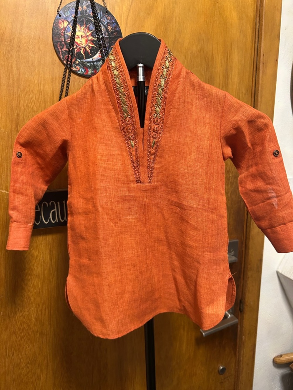Embroidered Orange V-Neck Tunic Top for Kids